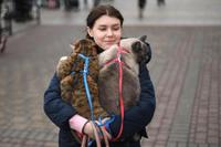 A woman carries her cats as she walks near Kyiv-Pasazhyrskyi railway station in Kyiv in the morning of February 24, 2022.
Air raid sirens rang out in downtown Kyiv today as cities across Ukraine were hit with what Ukrainian officials said were Russian missile strikes and artillery. - Russian President announced a military operation in Ukraine on February 24, 2022, with explosions heard soon after across the country and its foreign minister warning a 